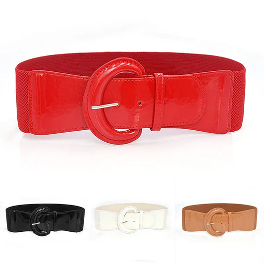 Women Luxury Waist Belts For Dress Pu Patent Leather Elastic Band Waist Belt