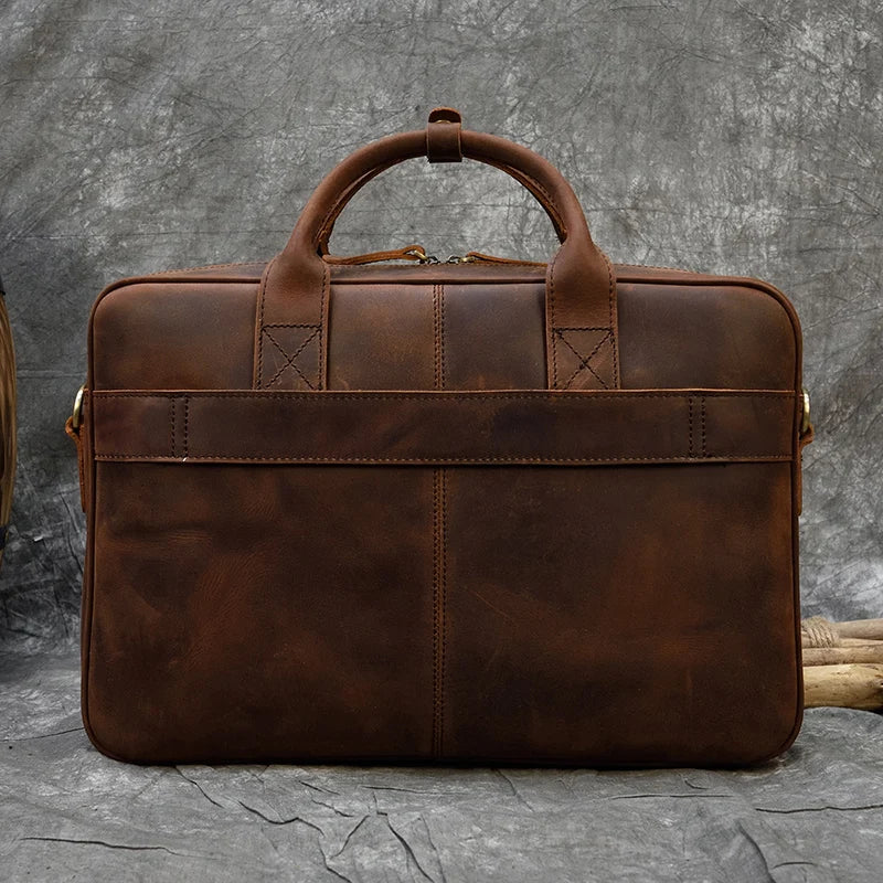 Men Briefcase Genuine Leather Laptop Bag Fits For 15.6" Laptop