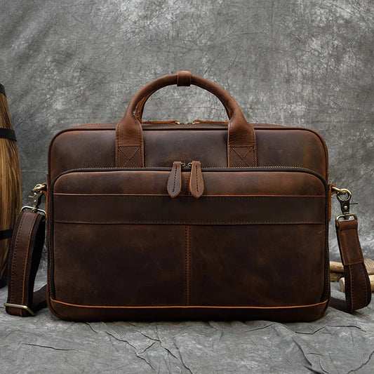 Men Briefcase Genuine Leather Laptop Bag Fits For 15.6" Laptop