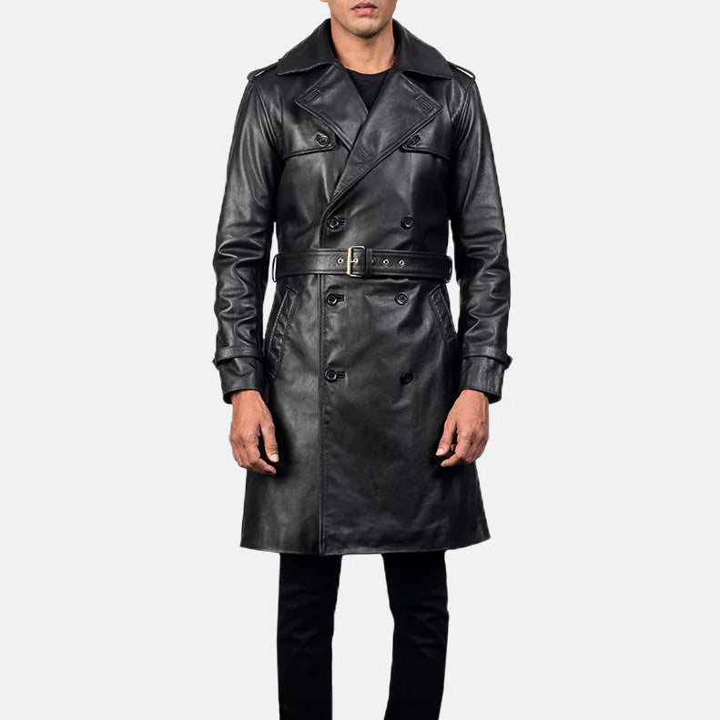 Men's Black Genuine Leather Duster Coat