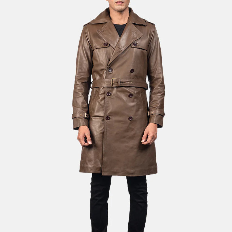 Men's Brown Genuine Leather Duster Coat