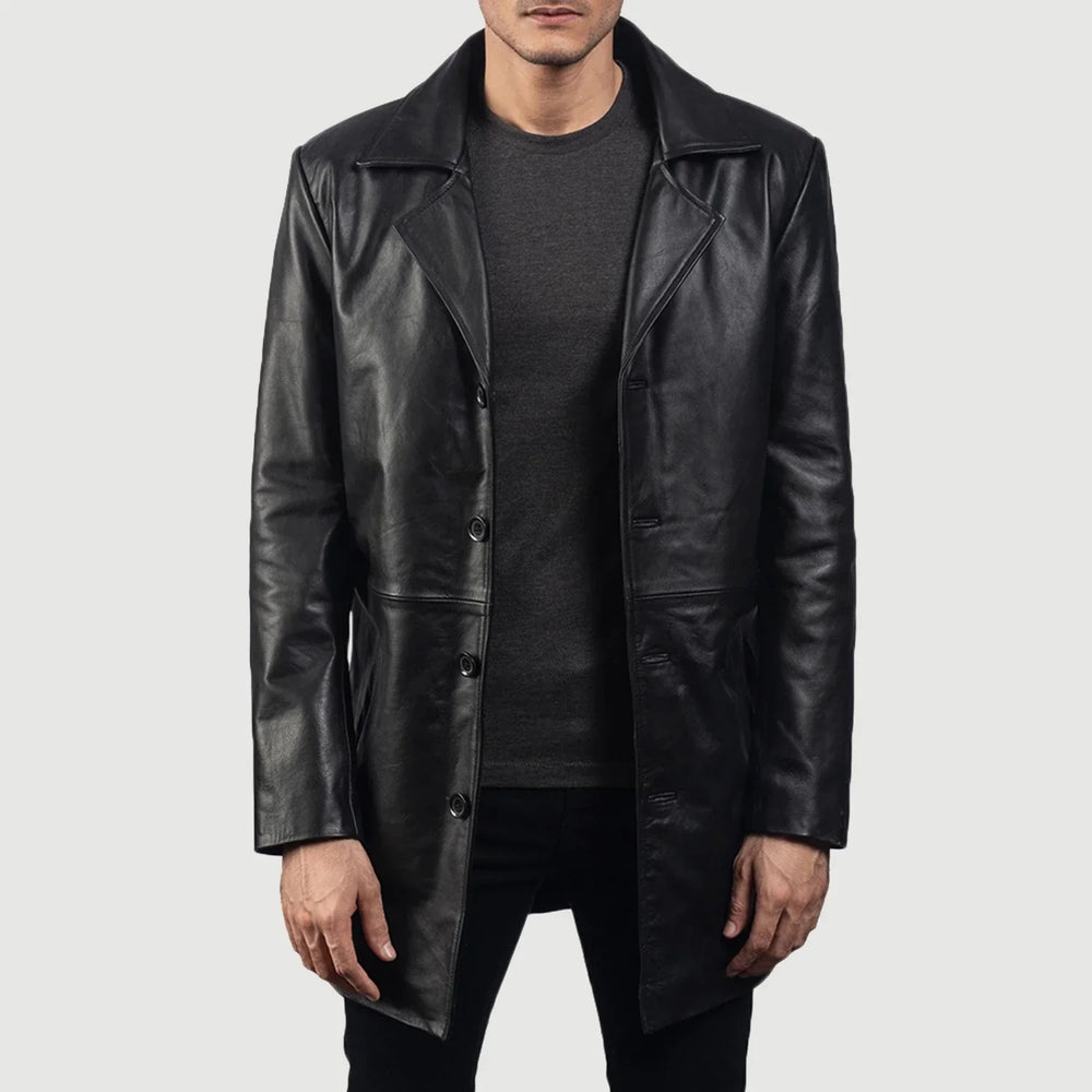 Men's Black Genuine Leather 3/4 Length Coat