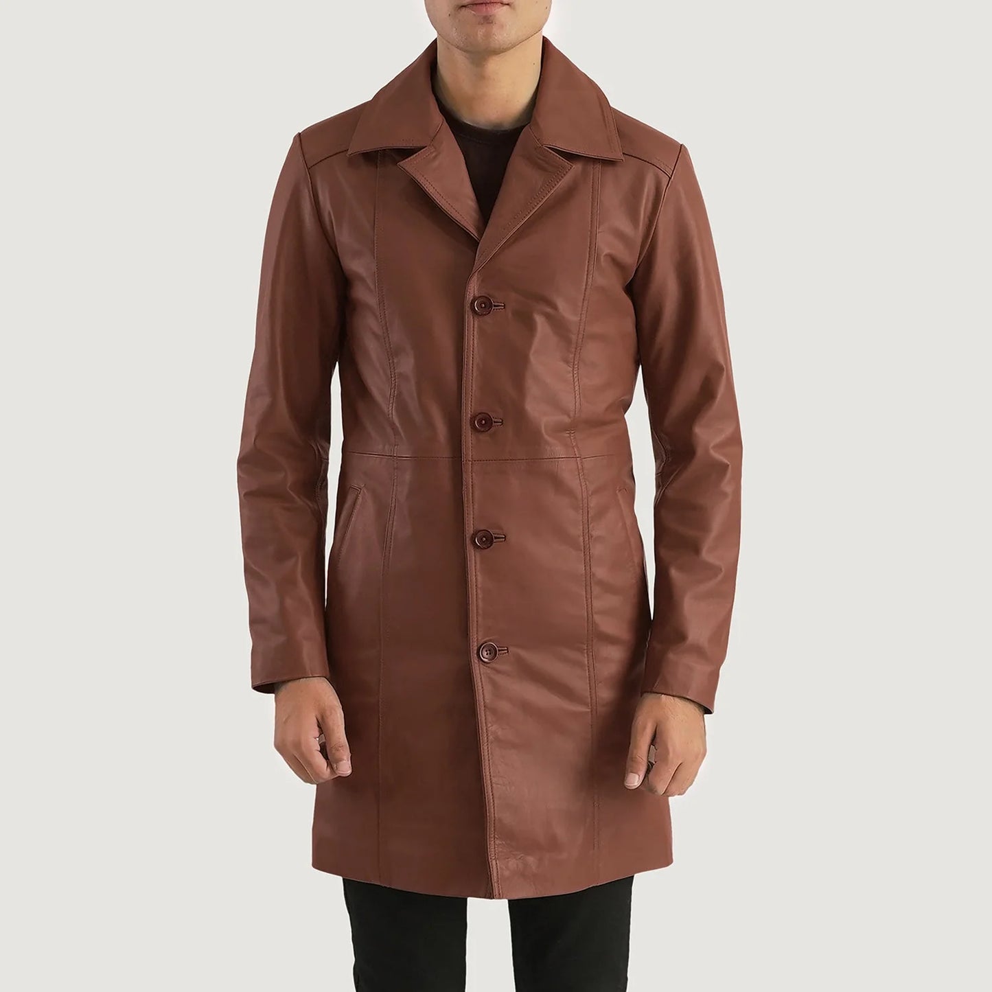 Men's Brown Genuine Leather 3/4 Length Coat
