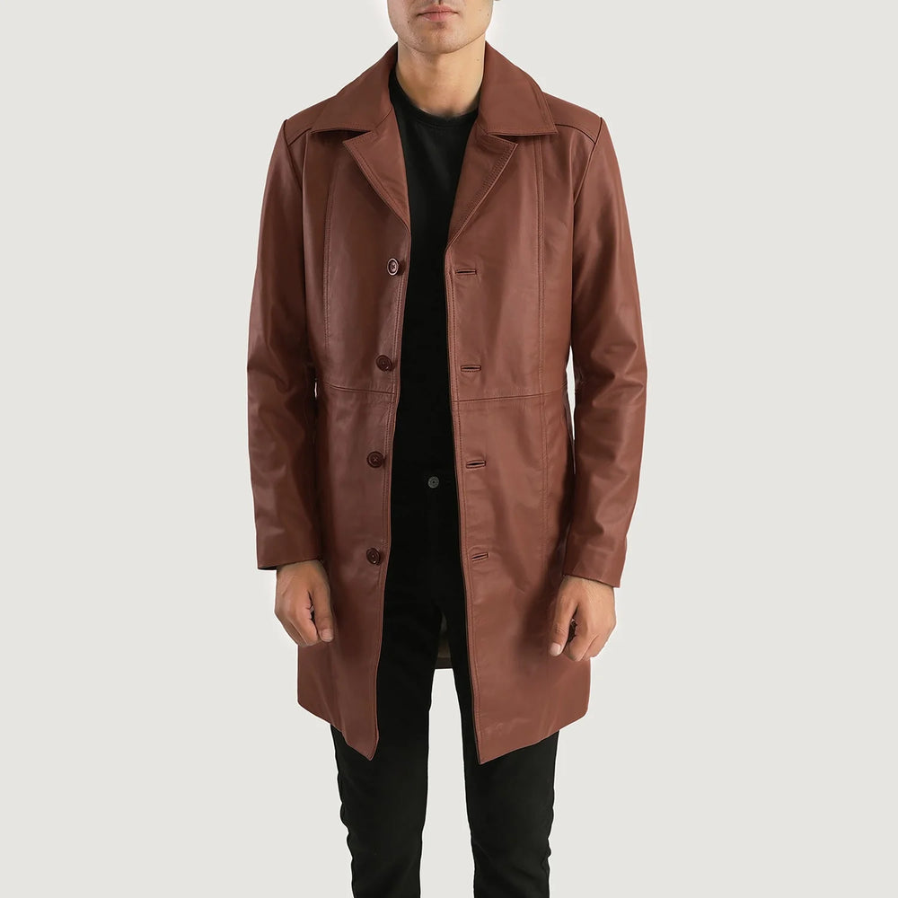 Men's Brown Genuine Leather 3/4 Length Coat