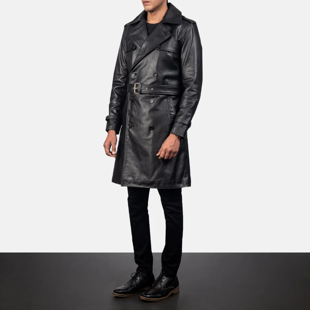 Men's Black Genuine Leather Duster Coat