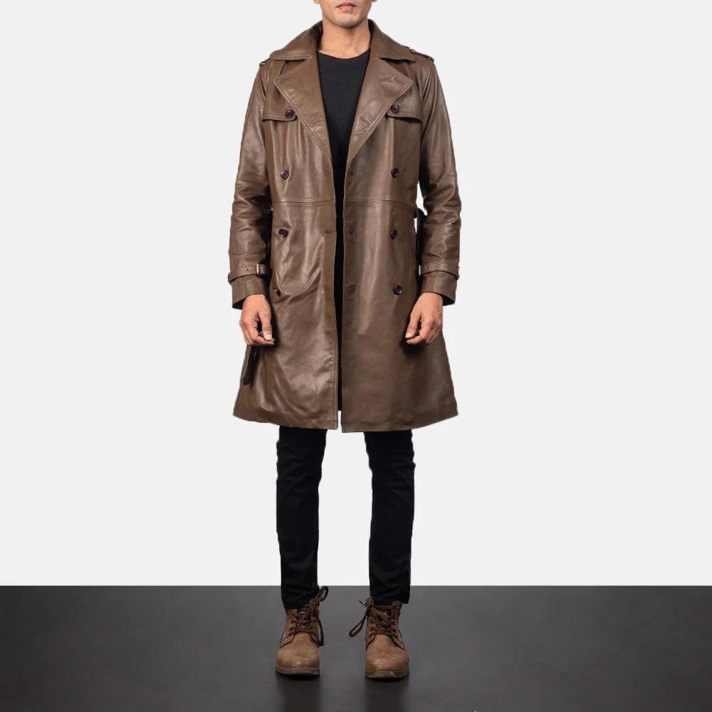 Men's Brown Genuine Leather Duster Coat