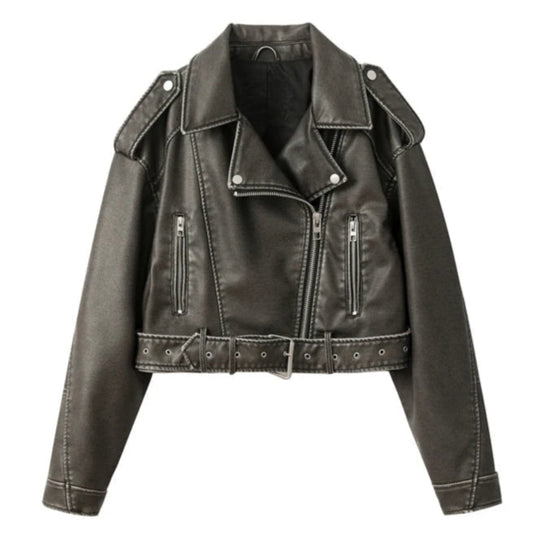 Women's washed leather jacket with belt vintage