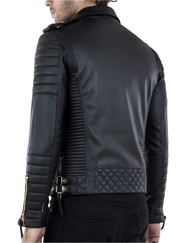 Schwarze gesteppte Bikerjacke aus echtem Leder mit Racer-Ausschnitt für Herren