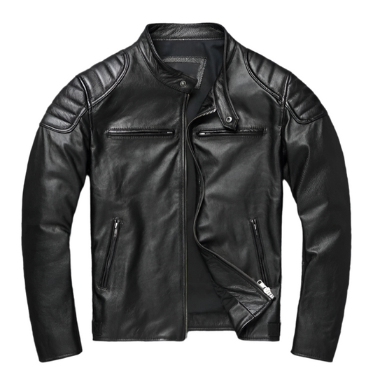 Blouson motard matelassé noir à col nageur en cuir véritable