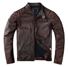 Load image into Gallery viewer, Men's Vintage Brown Real Leather Racer Neck Jacket