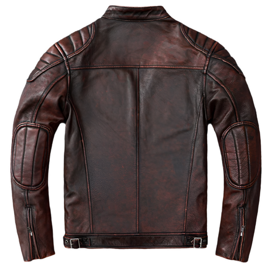 Blouson motard matelassé noir à col nageur en cuir véritable