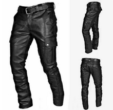 Cargar imagen en el visor de la galería, Men's Black Genuine Leather Cargo Pants Trouser