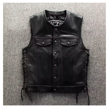 Charger l'image dans la galerie, Gilet sans manches en cuir de mouton véritable noir pour homme