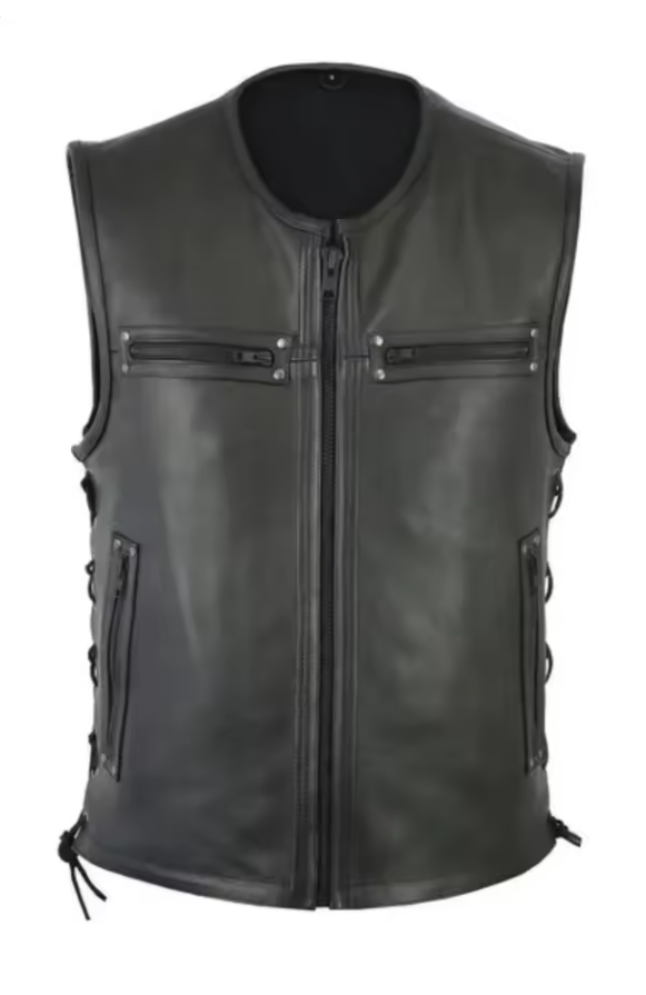 Men's Black Genuine Leather Laced Waistcoat Vest