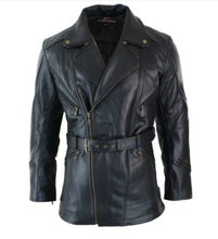 Cargar imagen en el visor de la galería, Men's Belted Black Leather Long Moto Jacket