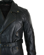 Cargar imagen en el visor de la galería, Men's Belted Black Leather Long Moto Jacket