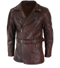 Load image into Gallery viewer, Men's Belted Brown Leather Long Moto Jacket