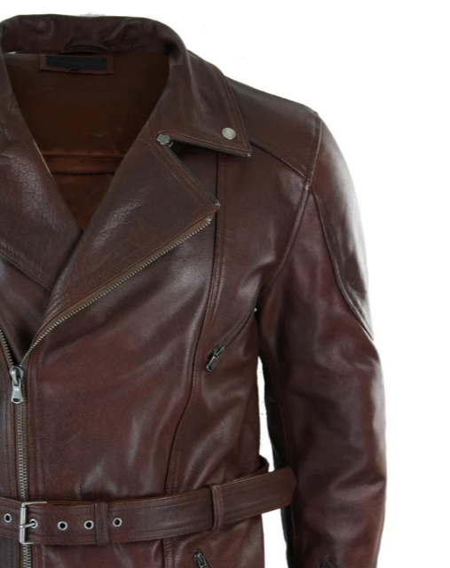 Men's Belted Brown Leather Long Moto Jacket