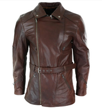 Load image into Gallery viewer, Men's Belted Brown Leather Long Moto Jacket
