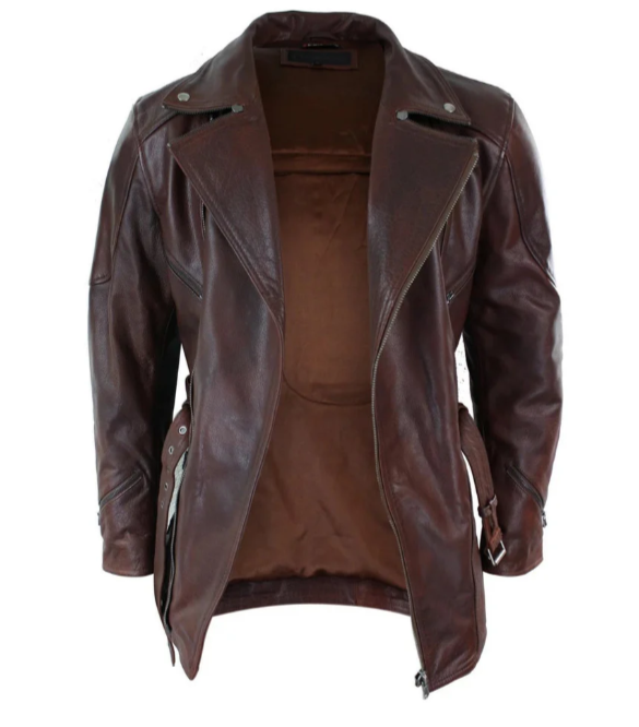 Men's Belted Brown Leather Long Moto Jacket