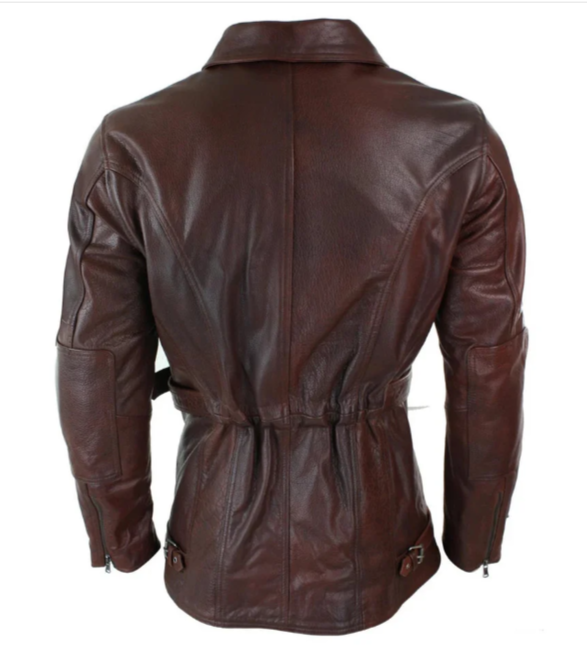 Men's Belted Brown Leather Long Moto Jacket
