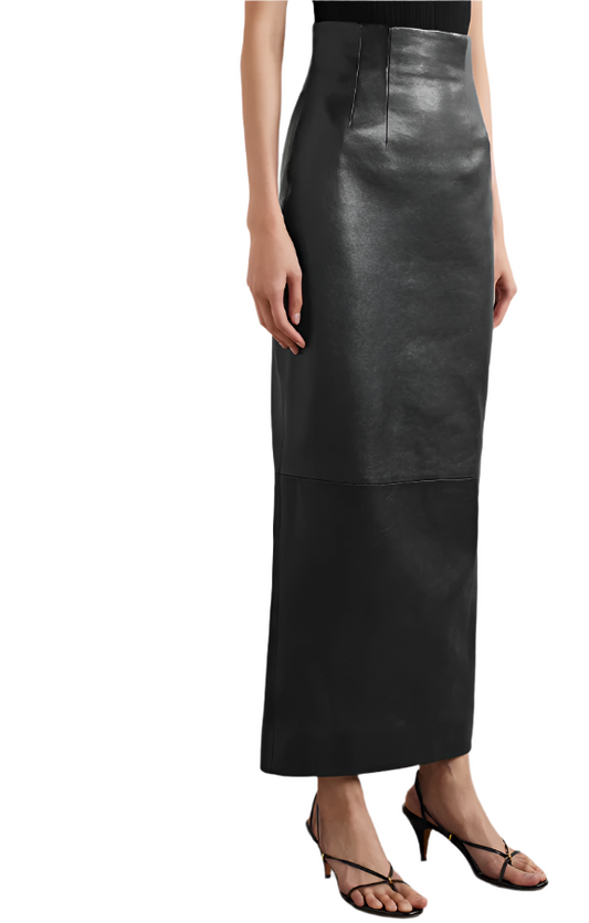Women's Black Genuine Leather Maxi Skirt