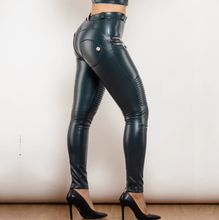 Load image into Gallery viewer, Women's Dark Blue Leather motorcycle leggings pants with fur inside