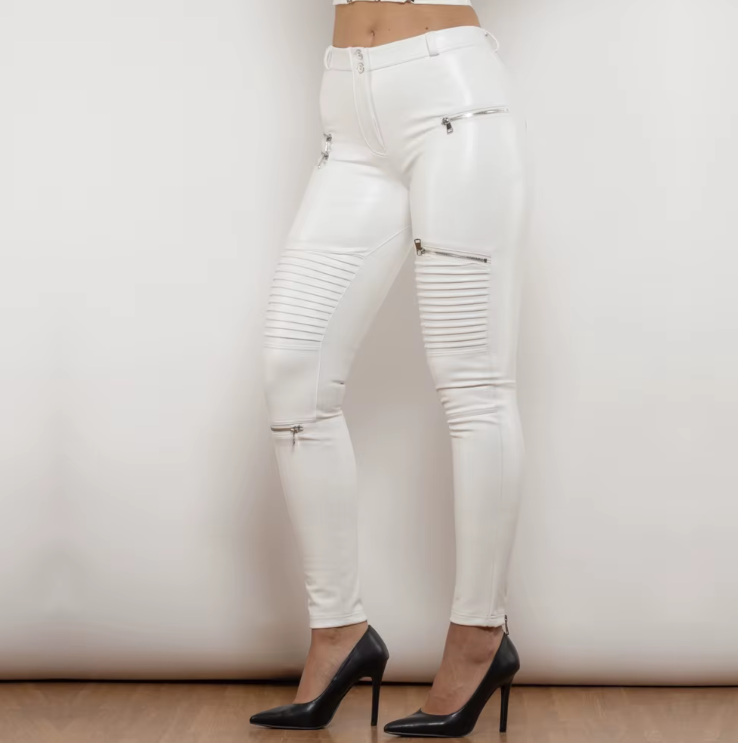 Women's White Leather motorcycle leggings pants with fur inside