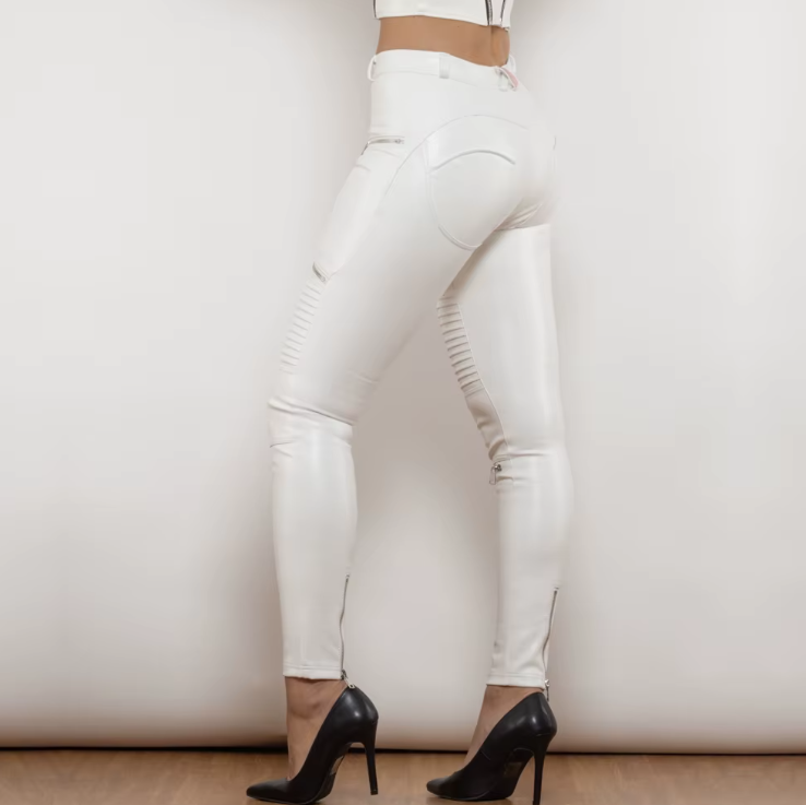 Women's White Leather motorcycle leggings pants with fur inside