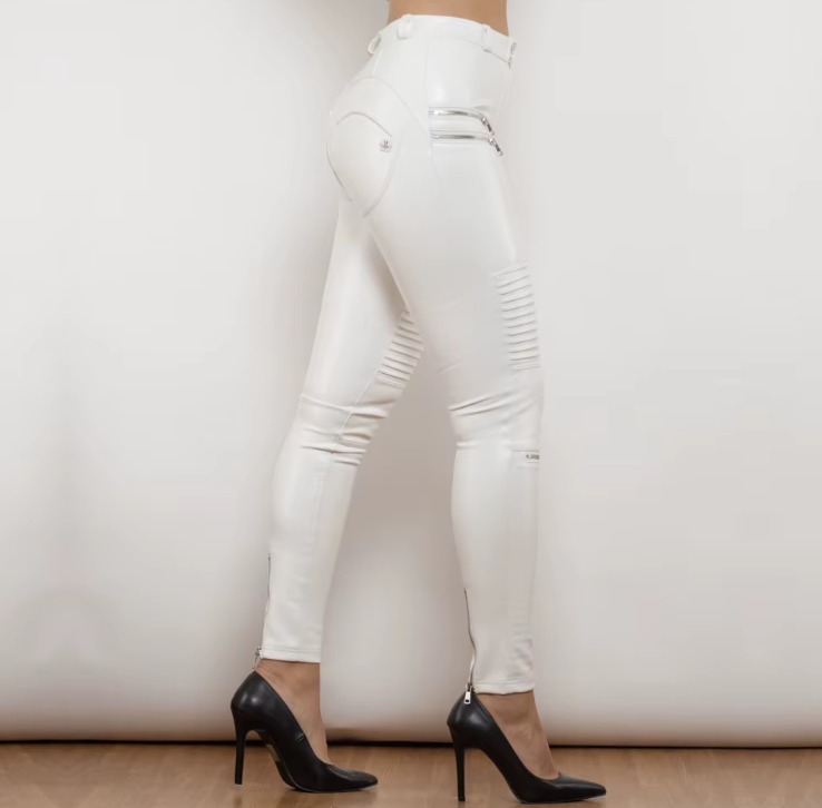 Women's White Leather motorcycle leggings pants with fur inside