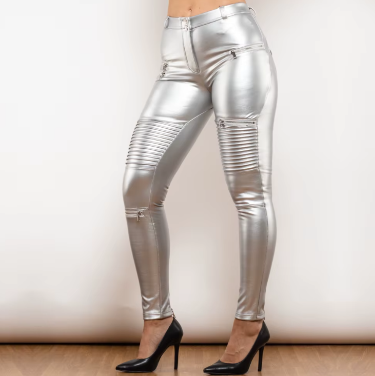 Women's Silver Leather motorcycle leggings pants with fur inside
