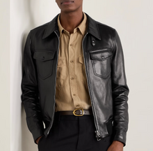 Cargar imagen en el visor de la galería, Men's Black Genuine Leather Blouson Jacket