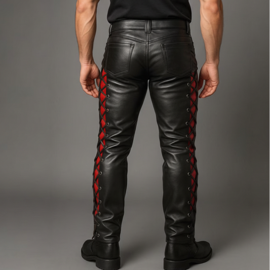 Pantalon de motard à lacets en cuir véritable pour hommes