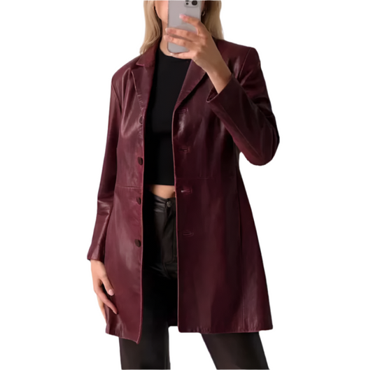 Women's Burgundy 3/4 Length Leather Coat