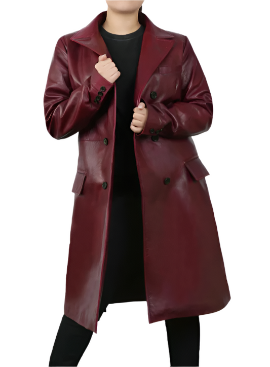 Women's Burgundy Leather Trench Coat