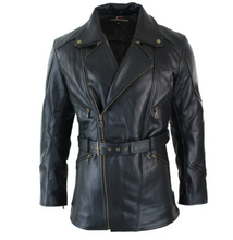 Cargar imagen en el visor de la galería, Men's Belted Black Leather Long Moto Jacket