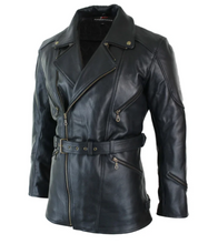 Cargar imagen en el visor de la galería, Men's Belted Black Leather Long Moto Jacket