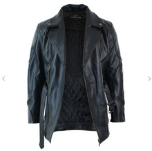 Cargar imagen en el visor de la galería, Men's Belted Black Leather Long Moto Jacket