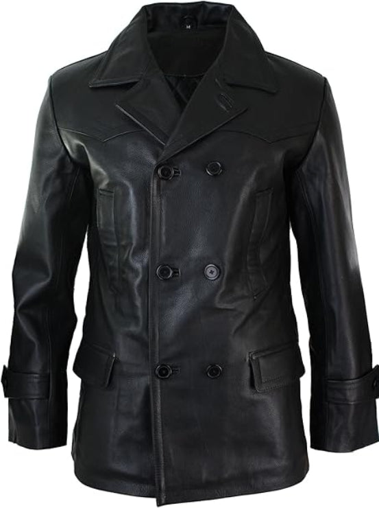 Men's Black Genuine Leather 3/4 Pea Coat Jacket
