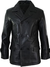 Cargar imagen en el visor de la galería, Men's Black Genuine Leather 3/4 Pea Coat Jacket