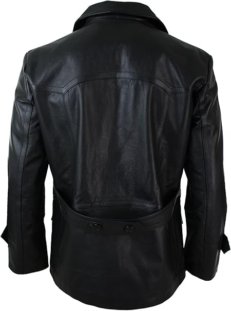 Men's Black Genuine Leather 3/4 Pea Coat Jacket