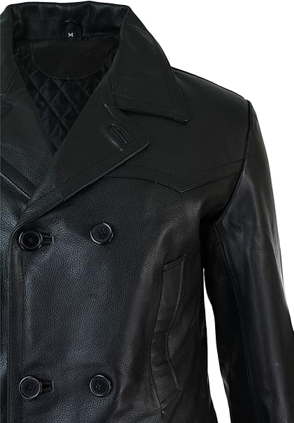 Men's Black Genuine Leather 3/4 Pea Coat Jacket