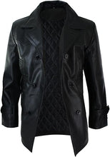 Cargar imagen en el visor de la galería, Men's Black Genuine Leather 3/4 Pea Coat Jacket