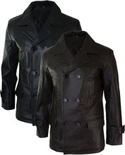 Cargar imagen en el visor de la galería, Men's Dark Brown Genuine Leather 3/4 Pea Coat Jacket