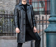 Load image into Gallery viewer, Men's Black Tailored Breasted Leather Trench Coat