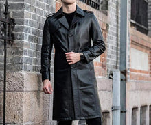 Load image into Gallery viewer, Men's Black Tailored Breasted Leather Trench Coat
