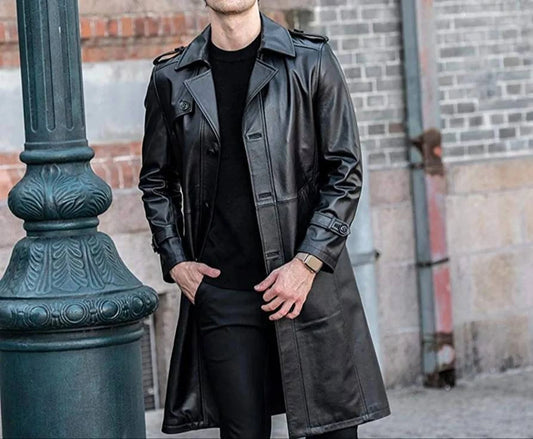 Men's Black Tailored Breasted Leather Trench Coat