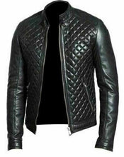 Load image into Gallery viewer, Men's Black Real Leather Racer Neck Quilted Biker Jacket