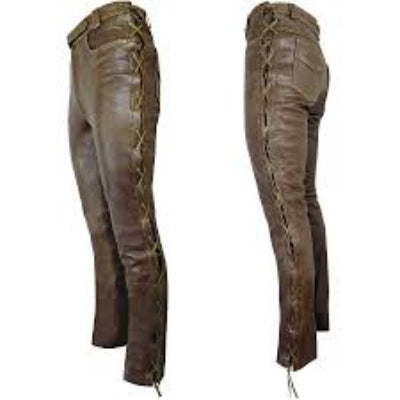 Men's Brown Genuine Leather Lace up Biker Pants Jeans