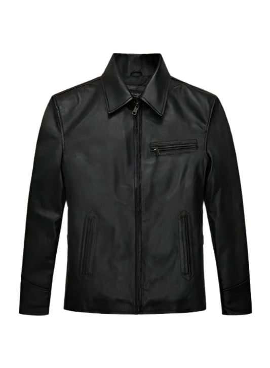 Blouson motard matelassé noir à col nageur en cuir véritable